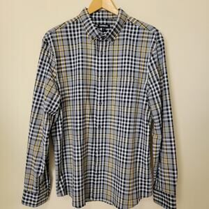 Express Men's L Plaid Button Down Long Sleeve Shirt 2 Button Cuff Blk Wht Yellow
